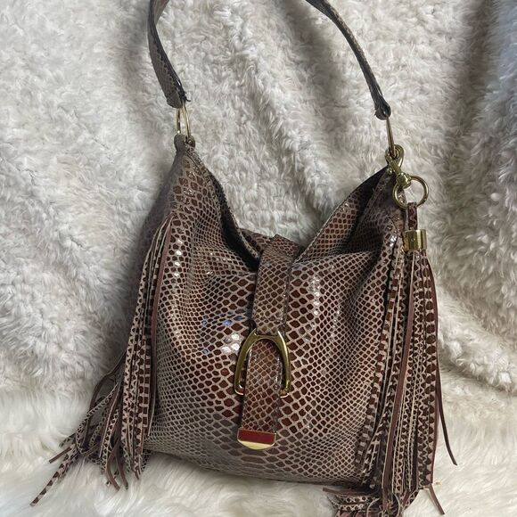 G.I.L.I.  Leather Brown snake skin print Medium Boho shoulder bag Tasel accent . - Picture 3 of 12